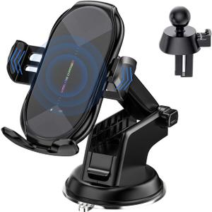 Wireless Car Charger,15W Qi Fast Charging Auto-Clamping Air Vent Windshield Dashboard Car Phone Mount,Long Arm Suction Cup Holder for iPhone Samsung LG (Black-2)