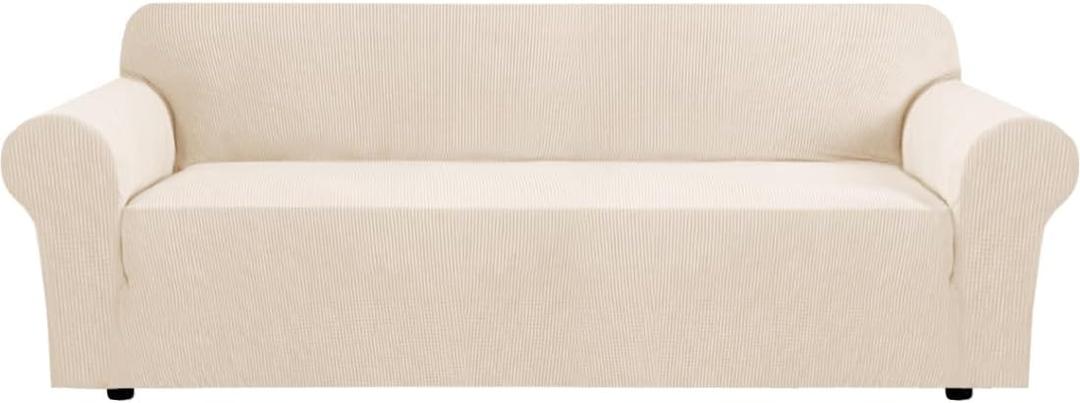 H.VERSAILTEX Stretch Oversized Couch Cover 1 Piece Sofa Slipcovers for Living Room Feature Thick Checked Jacquard Fabric with Elastic Bottom, Sofa X-Large - Natural