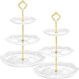 Tatuo 2 Pcs 3 Tier Porcelain Cupcake Stand, Cup Cake Holder Tower, Pastry Serving Elegant Dessert White Ceramic Tiered Stand for Wedding, Birthday, Tea Party(Lace Round Shape)