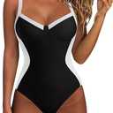 SUUKSESS Womens Tummy Control Slimming One Piece Swimsuits Sexy V Neck Crisscross Back Bathing Suits Push up Swimwear (Large)