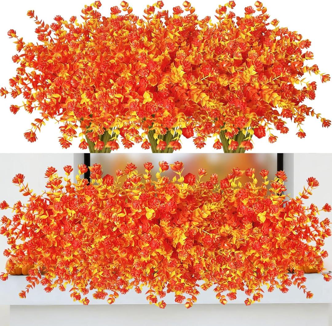 Artificial Fall Flowers Outdoor UV Resistant 8 Bundles Faux Flower and Plants Fake Autumn Mums Plastic Greenery Shrubs for Outside Planter Porch Window Boxes Garden Decoration (Orange)