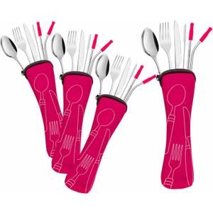 Travel Utensils Set with Case 4 Pack, Reusable Stainless Steel Portable Cutlery (Fork, Spoon, Knife, Straws & Cleaner) for Work, Dorm, Camping, Lunch Box, Compact Durable Silverware by Ecoberi (Pink)