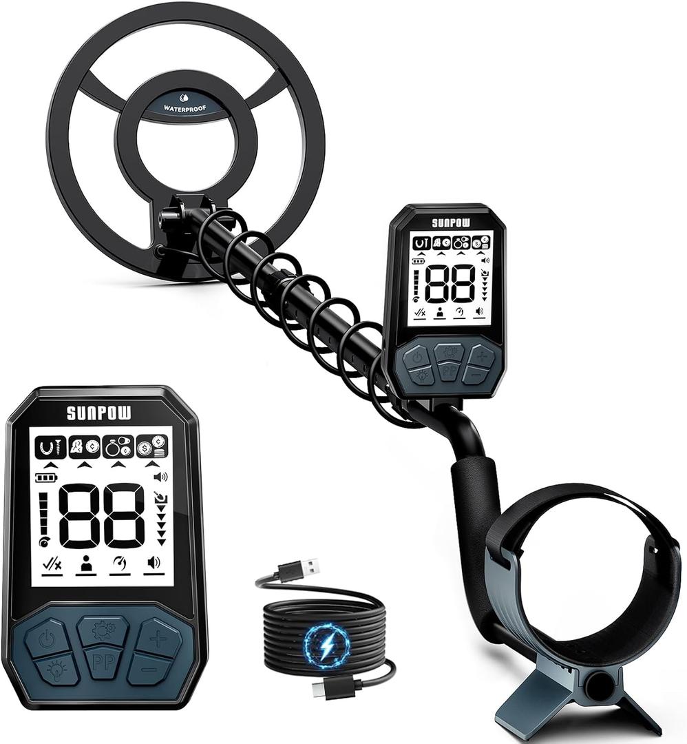 SUNPOW Rechargeable Metal Detector for Adults & Kids - Gold Finder with 1500mAh Lithium Battery, 20H Runtime, High Accuracy 8" Depth & 4 Modes for Beach & Shallow Water Treasure Hunting