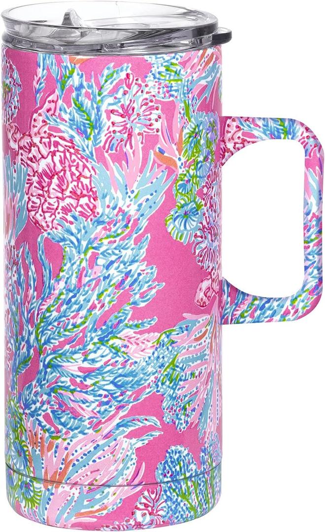 Lilly Pulitzer 16 Oz Travel Mug with Handle and Lid, Stainless Steel Insulated Coffee Tumbler, Double Wall Metal Cup, Seaing Things