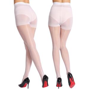 MERYLURE Vintage Style Backseam 20D Sheer Tights for Women Control Top Pantyhose Patterned Cuban Heel Stocking 2 Pairs (White, M)