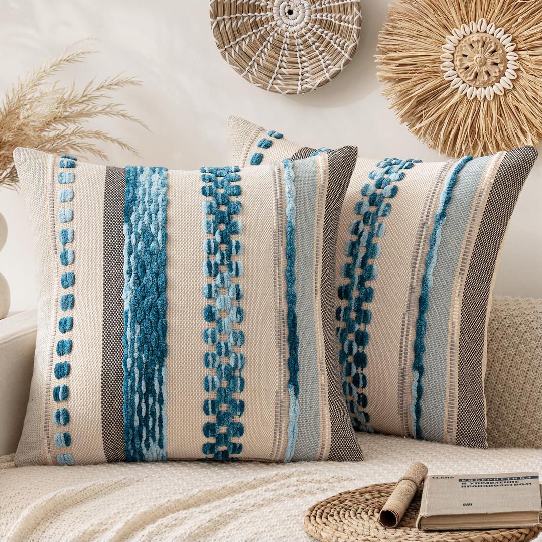 ANRODUO Pack of 2 Boho Decorative Throw Pillow Covers 20x20 Farmhouse Cushion Case Striped Chenille Pillow Cases Square Pillow Covers Accent Neutral Pillowcase for Sofa Couch Bed, Sky Blue Stripe 3