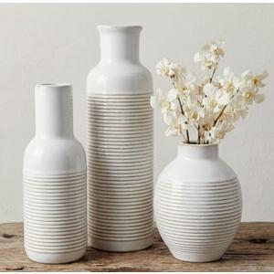 Rustic Farmhouse Vase Set of 3 - Ceramic Decorative Flowers Vases Home Decor - Pampas Grass Dried Fresh Flowers - for Centerpiece, Table, Mantel Entryway, Kitchen, Bedroom (White)