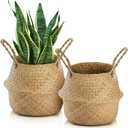 Yesland 2 Pack Woven Seagrass Plant Basket with Handles, Ideal Wicker Baskets Storage Plant Pot Baskets for Laundry, Picnic, Plant Pot Cover, Beach Bag and Grocery Basket (L) (Brown)