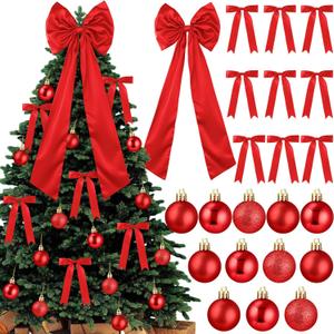 Gejoy Bow Christmas Tree Decoration Set, 30 Pcs Small Bows 1 Pcs 47" x 15.7" Large Tree Topper Satin Bows and 36 Christmas Balls Hanging Ornaments, Xmas Glitter Balls for Holiday Decor (Red)