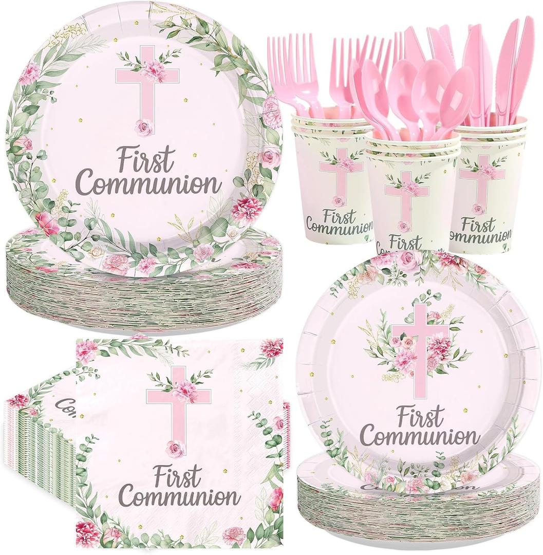 350 Pcs First Communion Decorations Pink First Communion God Bless Plates Napkins Cups Forks Knives Spoons Tableware Set for God Bless Christening Church Baptism Decorations Serves 50