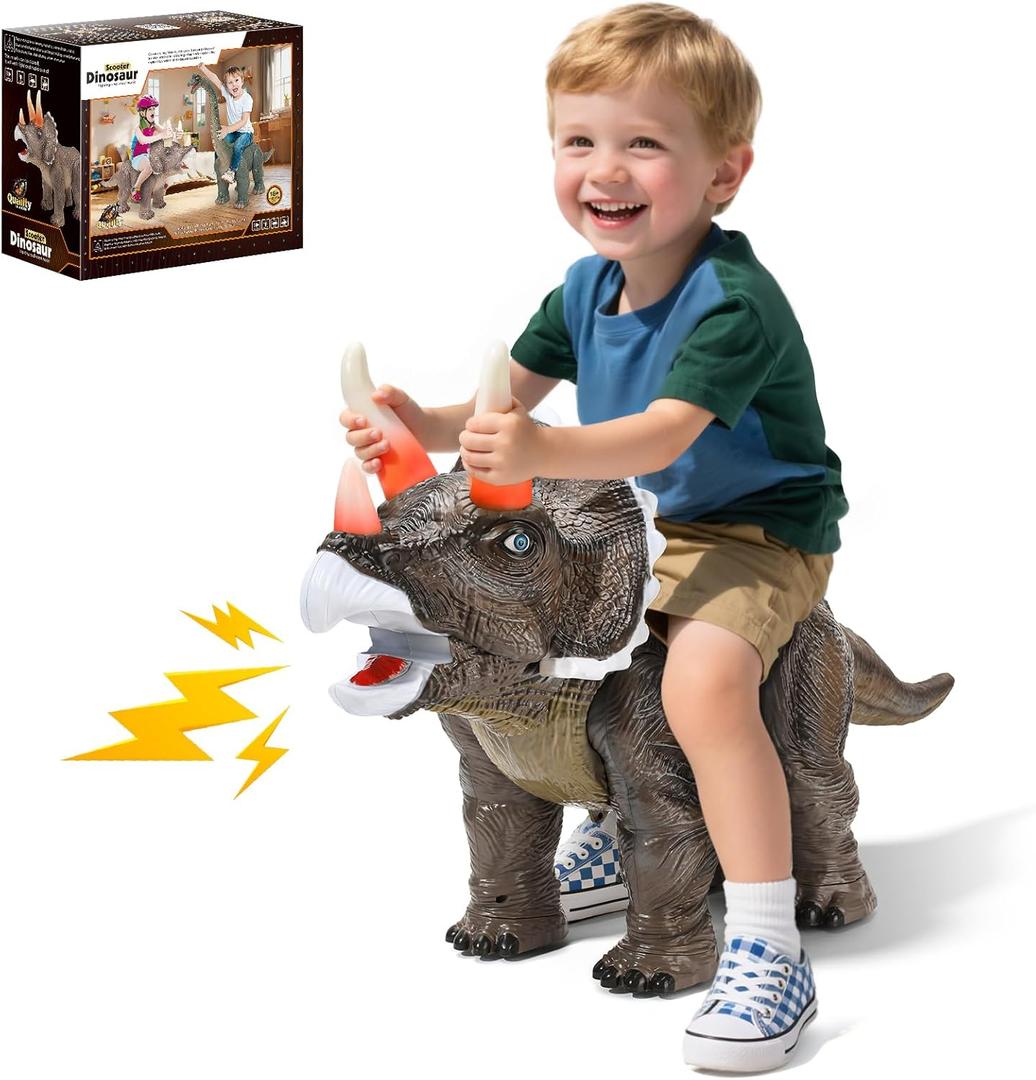 Dinosaur Ride On Toy Cars for Kids, Realistic Triceratops Push Car with Three Sound Effects,Sound and Light Effects PP Wheels for Indoor/Outdoor Play,Best Gift for Kids(Triceratops)