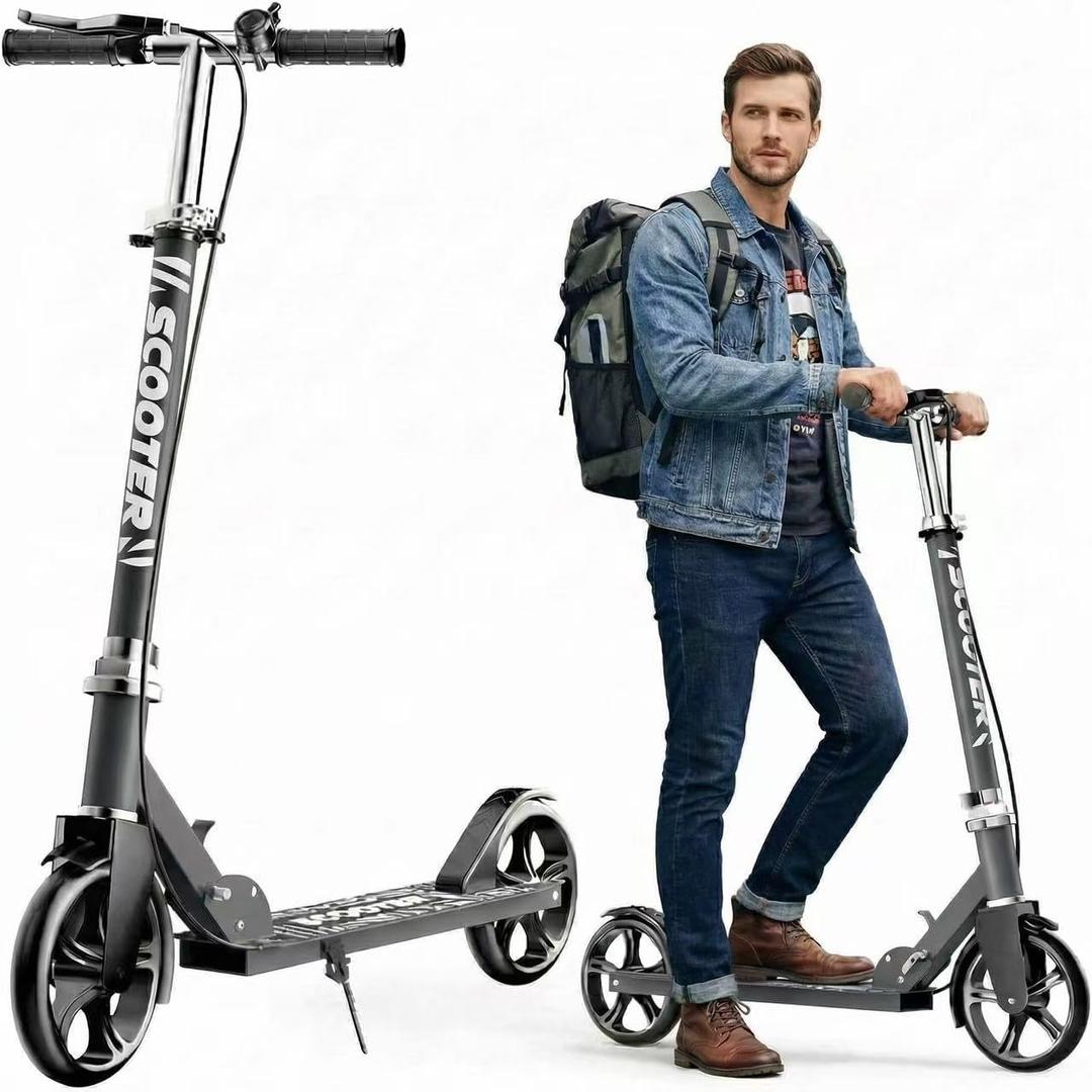 Scooters for Kids 8-12, Teens & Adults - Foldable Commuter Scooter with Bell, Hand Brake & Adjustable Height, 220 LB Weight Capacity, Perfect for School, Campus, Park Rides (Black)