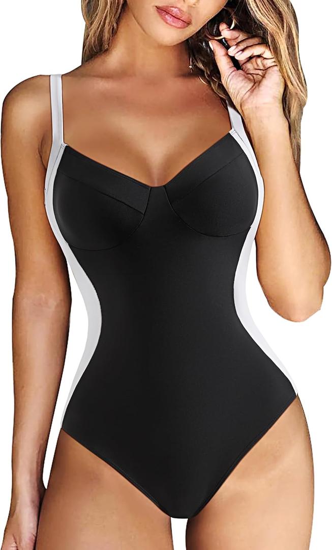 RXRXCOCO Women Slimming Tummy Control One Piece Swimsuits V Neck Crisscross Back Bathing Suit (Large, Black and White)