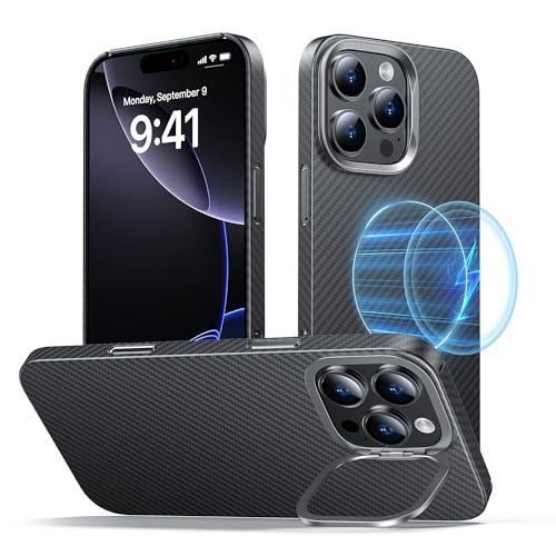 YFVLKEE Magnetic for iPhone 16 Pro Max Case Carbon Fiber with Camera Stand [Compatible with MagSafe] [Ultra Slim & Caseless Feel] [600D Aramid Fiber Woven] Thin & Light 16 ProMax Phone Case, Black