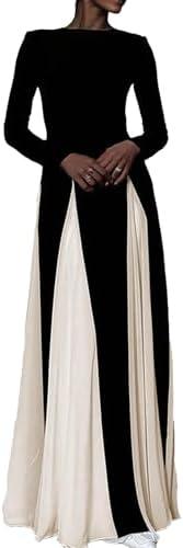 Unybwonn Wedding Guest Dresses for Women Elegant Patchwork Pleated Swing Long Dress Color Block Formal Flowy Maxi Dress Size M