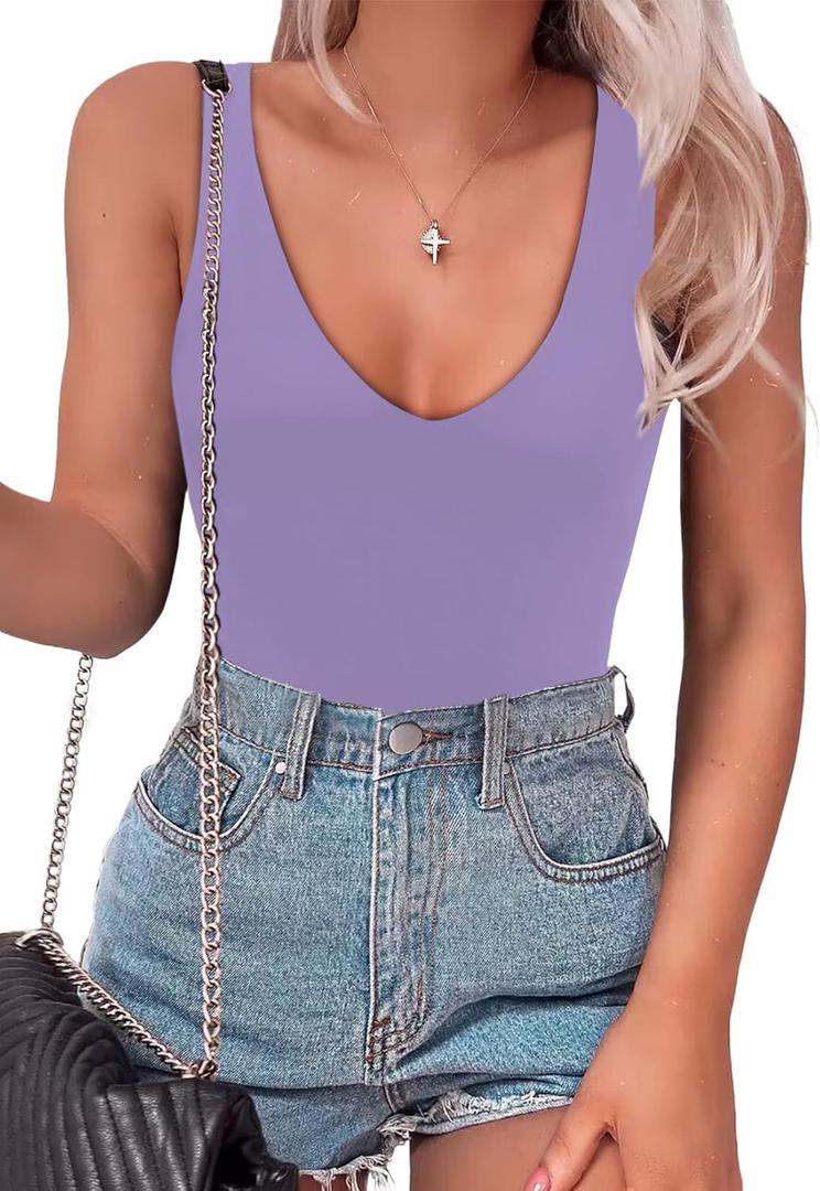 SAUNGKUAI Womens Bodysuit Sexy Plunge Deep V Neck Backless Sleeveless Tank Thong Body Suits Outfits for Going Out (XX-Large, Lightpurple)