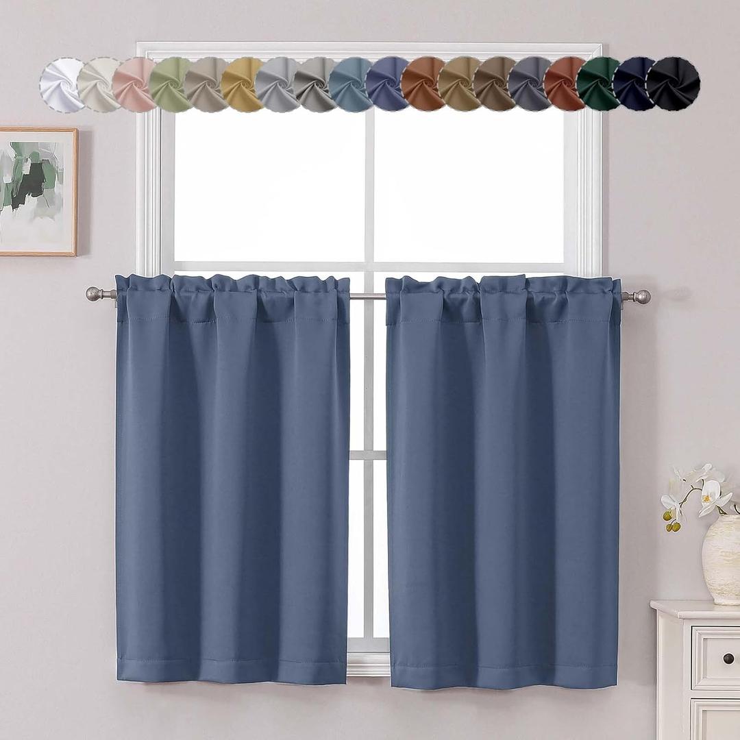 Chyhomenyc Denim Blue Short Blackout Curtains 36 Inch Length, Small Kitchen Curtain Tier Rod Pocket Half Window Curtains for Bathroom Basement Cabinet Camper RV Bunk, 2 PCS, Each 30" Wx36 L