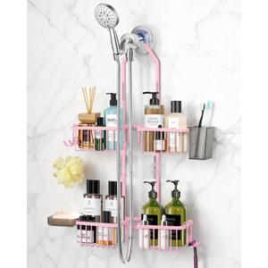Adjustable Shower Caddy Hanging for Handheld Showerheads - Never Rust Shower Hanging Organizer, Upgraded Bathroom Shower Rack with Soap Basket, Hooks and Toothbrush Holder (Pink)