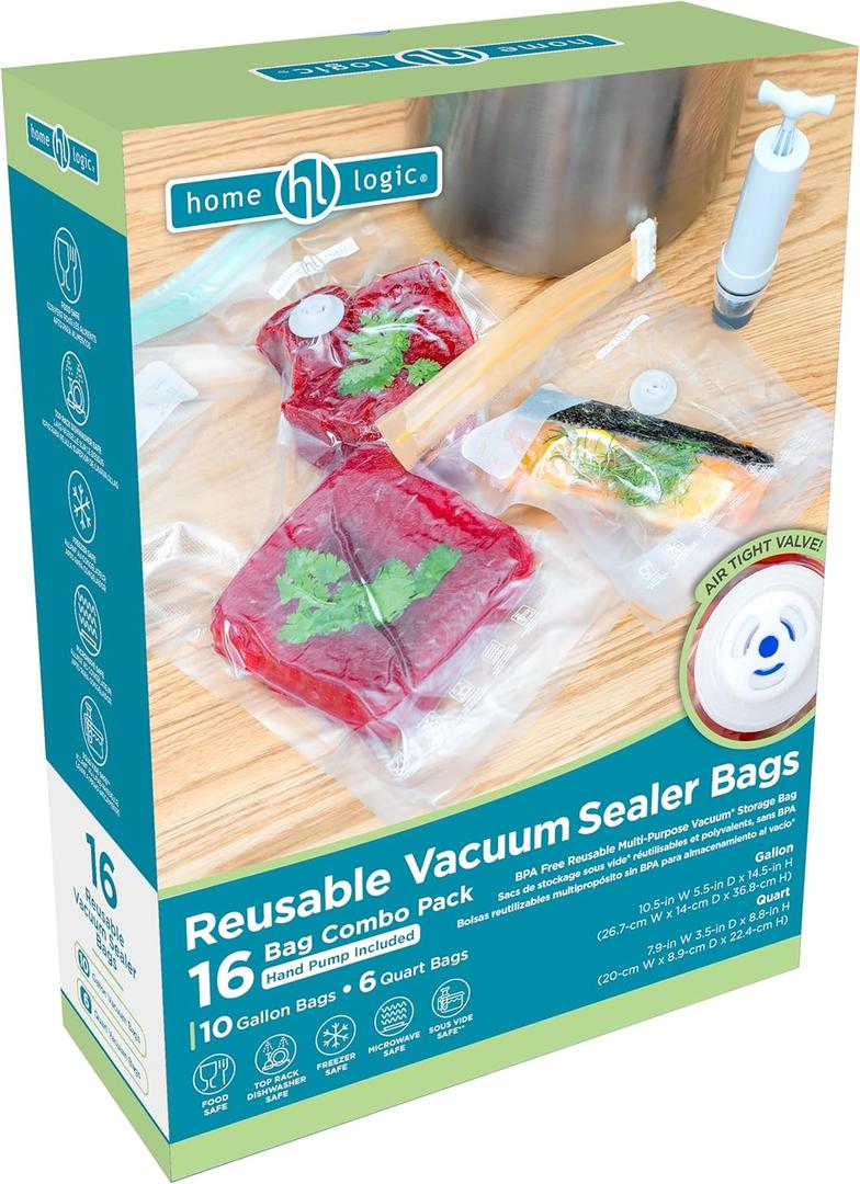 Home Logic Vacuum Sealer Reusable Bags Combo Pack  Freezer, Microwave & Sous Vide Safe Food Storage Bags  10 Gallon Bags & 6 Quart Bags