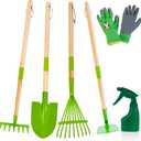 Kids Gardening Tools Set - 6PCS Detachable Garden Tool Kit with Gloves, Shovel, Rake, Hoe, Leaf Rake & Spray Bottle - Wooden Handles with Hanging Hole, Perfect Outdoor Toy Gift for Ages 3-5