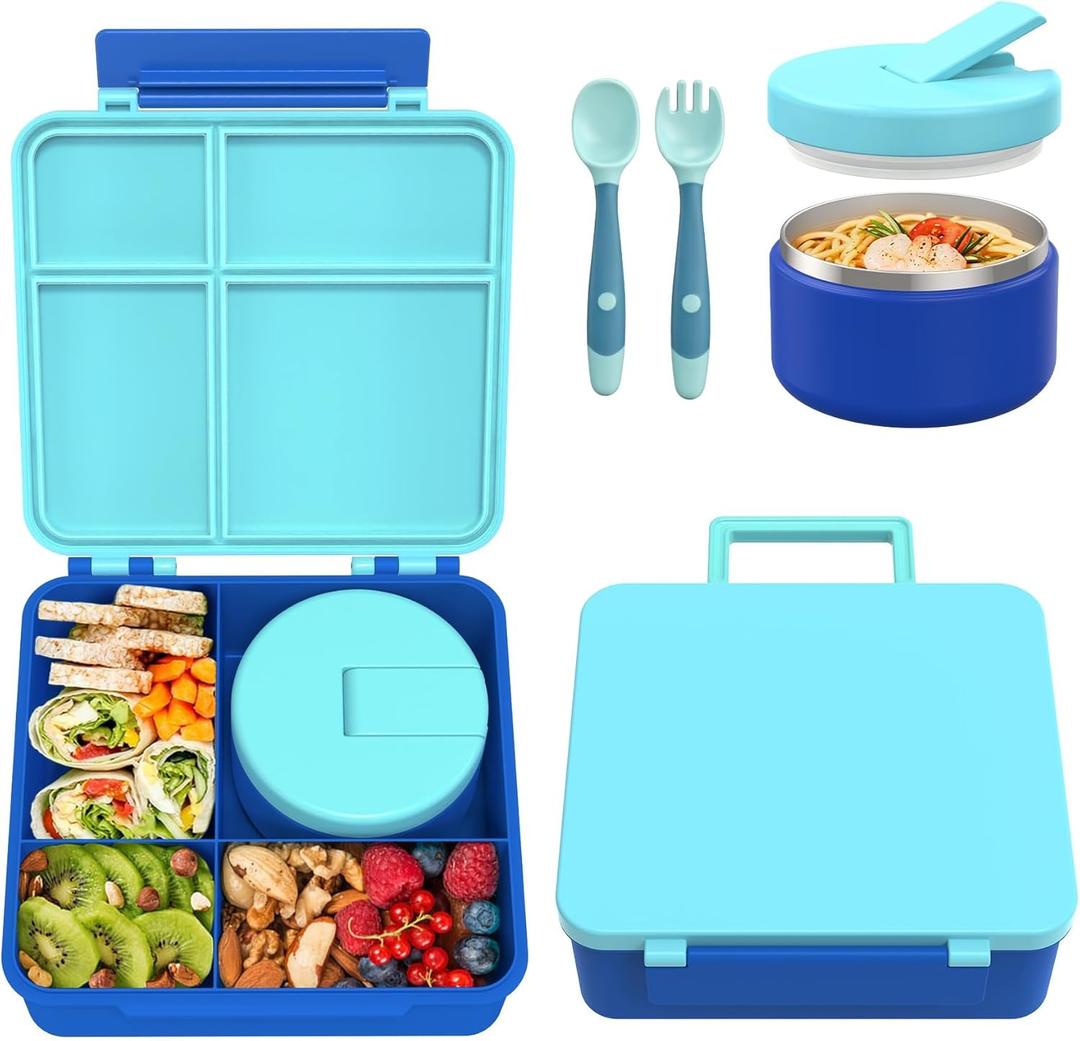 Bento Lunch Box with 8oz Soup Thermo, Kids Leakproof Lunch Food Containers with 4 Compartment, Kids Thermo Insulated Hot Food Jar for School, TrvaelBlue