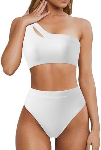 MOOSLOVER Women Cutout One Shoulder High Waisted Bikini High Cut Two Piece Swimsuits, M