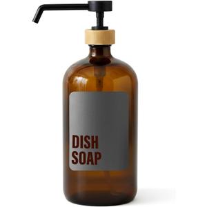 SAVVY & SORTED Amber Glass Dish Soap Dispenser for Kitchen Sink 1 Liter, Large Kitchen Soap Dispenser Set with Permanent Label, Refillable Glass Bottle for Dish Washing Liquid, 34 Fl Oz