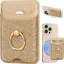 Shorogyt Compatible with Magsafe Wallet Magnetic Card Holder - Phone Wallets with Ring Grip Stand Cute Fashion for iPhone 17/16/15/14/13/12 Series for Women Girls Glitter Gold Design, Fit 3 Cards