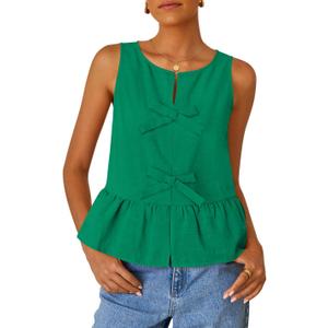 ZESICA Women's Summer Sleeveless Tank Tops Crewneck Tie Front Loose Flowy Ruffle Peplum Babydoll Blouses (Medium, Green)