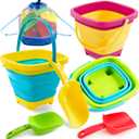 SLOOSH 3 PCS Foldable Buckets with 3 Shovels Sand Water Bucket Sandbox Square Party in Summer Foldable Pail Silicone Collapsible Bucket Kids Beach Toys Travel (Yellow/Blue/Green)