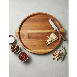 Large Round Wood Serving Tray, Wooden Trays with Handles for Ottoman Table, Vintage Acacia Tray Circle Wood Tray for Indoor Outdoor Organization and Decoration
