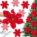 6 Pcs 12''Large Glitter Christmas Poinsettia Flowers Artificial Jumbo Christmas Tree Decorations with Clips Red Ornaments for Christmas Tree Big Red Christmas Decor for Xmas New Year Party