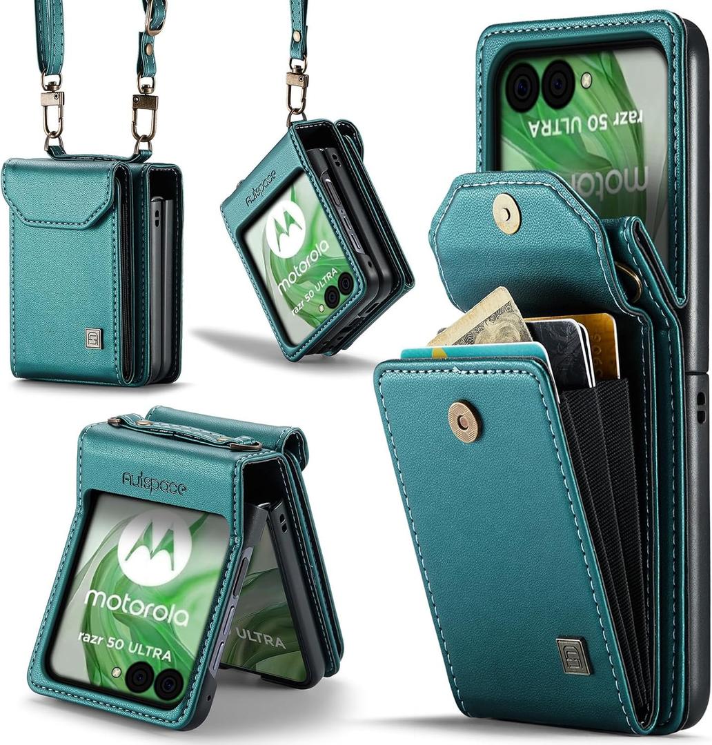 Crossbody Case Compatible with Moto Razr+ Plus 2024/2025,Retro PU Leather Strap Wristlet Flip Case with Magnetic Closure and Card Holder for Men Women Blue Green
