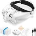 Magnifying Glasses with Light, Headband Magnifying Glasses for Close Work, 1x - 14x Hands-free Magnification Headset with 5 Lenses & Two Led Lamps, Jewelers Loupe Visor Head Magnifier for Hobby, Craft (White)