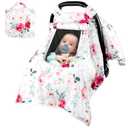Car Seat Covers for Babies Girl, Winter Carseat Seat Cover for Newborns, Carseat Canopy Cozy & Warm Cover, Carrier Cover with Peep Windows, Pink Flower Rose (Floral)