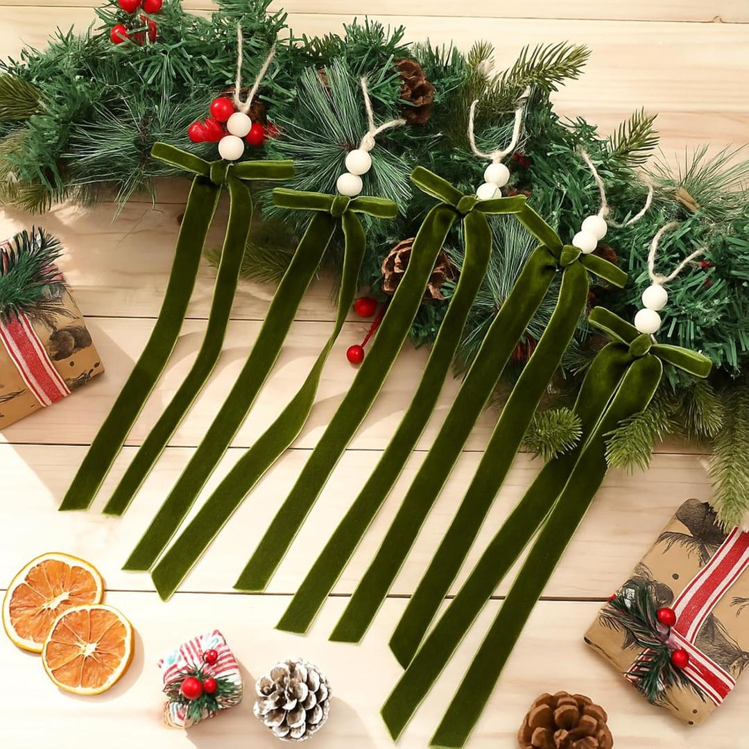 24 Pcs Christmas Olive Green Long Velvet Bow 19.3 Inch Christmas Velvet Bow with Wooden Bead Ornaments Hanging Decor Vintage Xmas Ornaments for Trees Wreaths, Gifts Home Garland Decor Outdoor Indoor