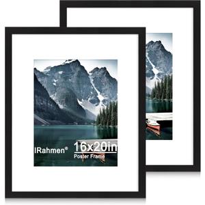 16x20 Picture Frame Set of 2 with Plexiglass, Black Poster Frame Display 11x14 Picture with Mat or 16 x 20 Picture Without Mat, Wood Photo Frame for Wall Mounting Horizontal and Vertical (Black 2)