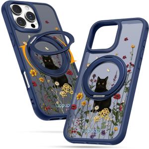 for iPhone 16pro max Case - Compatible with MagSafe for Women Girls Bulit-in 360 Rotatable Magnetic Ring Holder Kickstand Cute Aesthetic Black Cat Design for Apple 16pro max