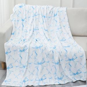 Pink Bow Throw Blanket, Flannel Throw Blanket Cute Preppy Room Decor Aesthetic Soft Lightweight Bow Stuff for Home Bed Sofa Couch Women Friends Gifts, 50 x 60 Inch (Blue)