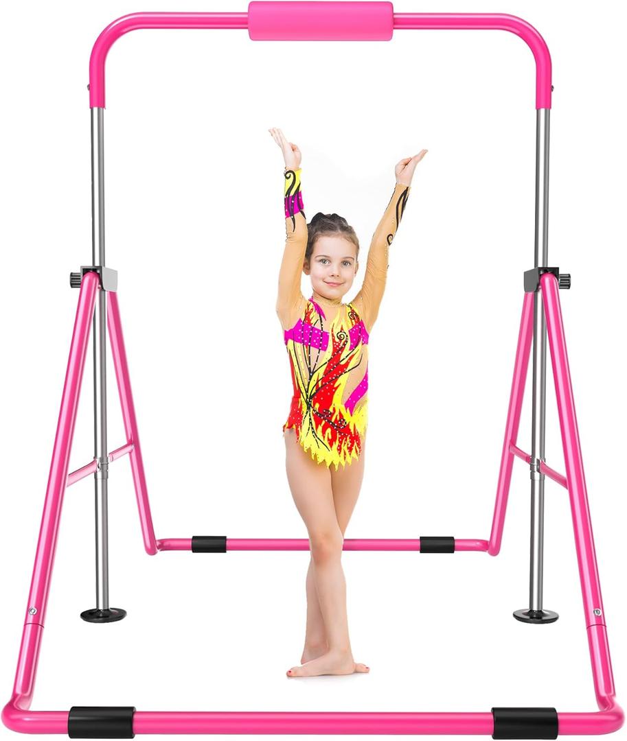 Safly Fun Gymnastics Bar for Kids 3-9, Foldable & Adjustable 35"-51", Supports 140Lbs with Pad, Easy to Assemble, Gymnastics Equipment for Indoor/Outdoor Training (Pink)