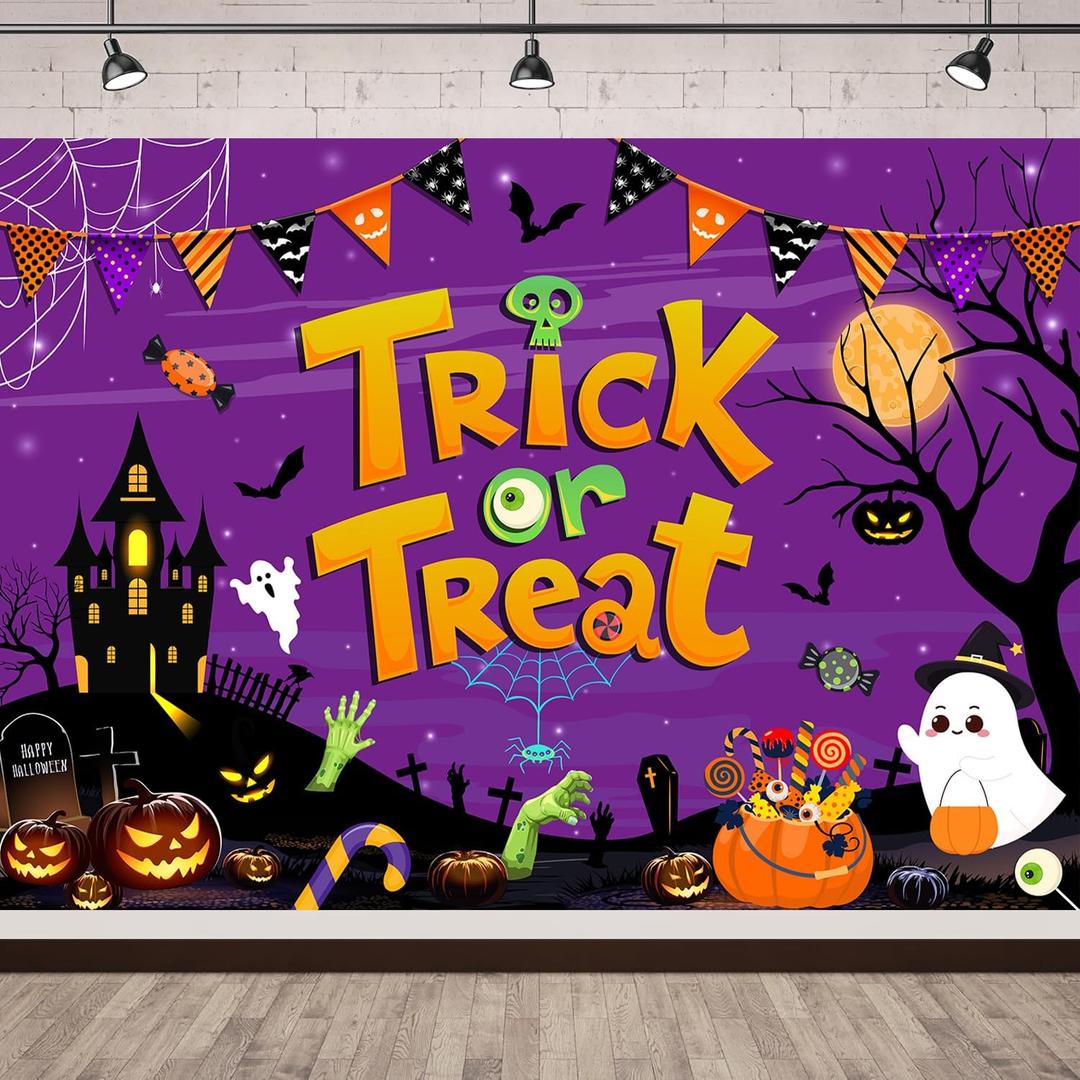 7x5ft Halloween Trick or Treat Backdrop Banner for Kids Birthday Party Decoration Cute Spooky Castle Pumpkin Graveyard Halloween Theme Background Friends Outdoor Photoshoot Props