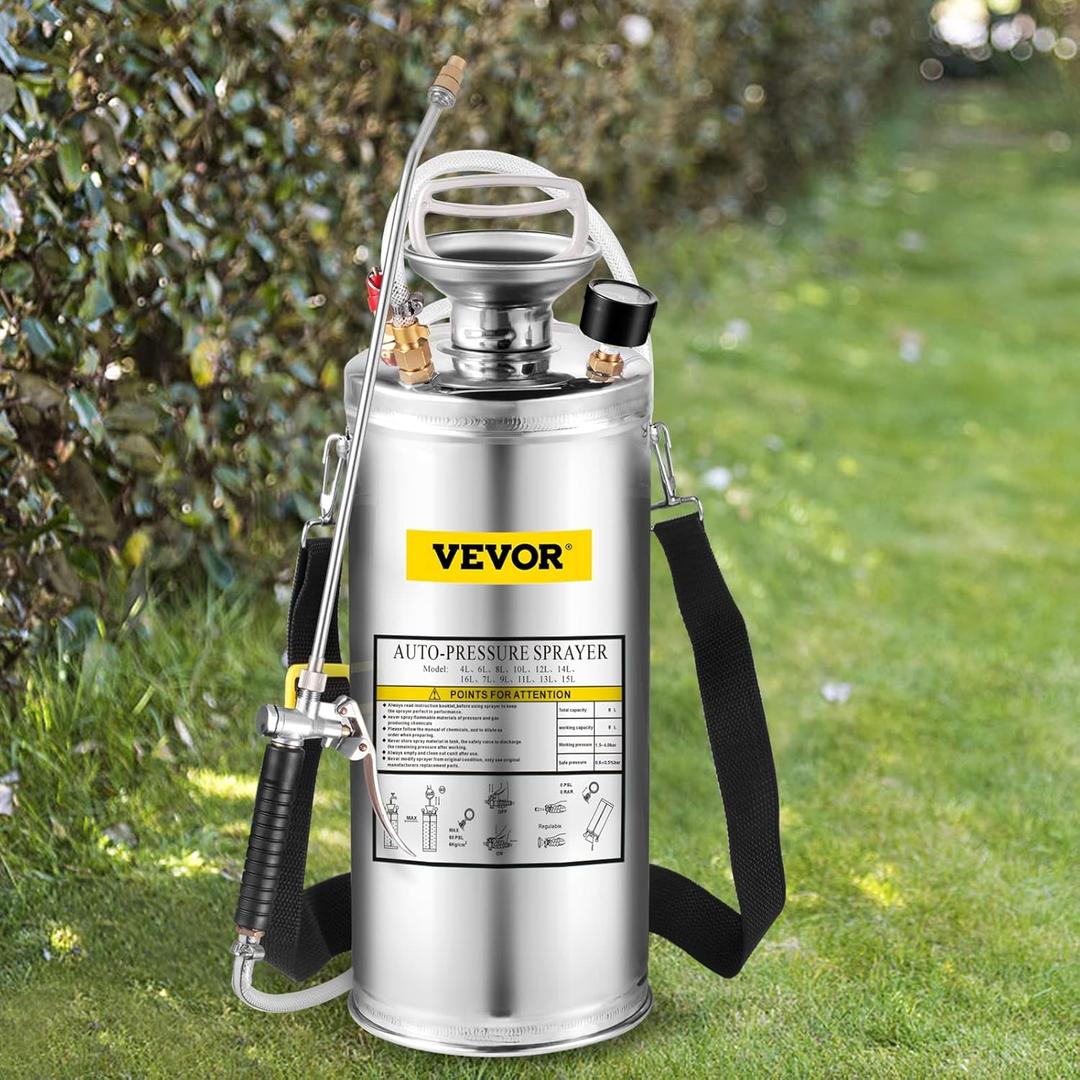 Happybuy 2 Gallon Stainless Steel Sprayer, 20" Wand & 3FT Reinforced Hose, Hand Pump Sprayer with Pressure Gauge, Safety Valve & Adjustable Nozzle, Weed Sprayers for Lawn, Gardening &Sanitizing