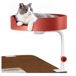 Clioran Cat Desk Bed Large Perch Nest with Teaser Easy Install,Space Saving Mount Design,Sturdy Frame,Removable Cushion,Clamp Desktop Attachment Hammock for Home Office,Side Table, (White and Red)