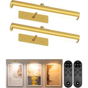EZVALO Picture Light for Wall, 13-Inch Wireless Rechargeable 4000mAh LED Art Light with Remote, Dimmable 3 Color Temps, Battery Operated Wall Light for Living Room, Bedroom, Gallery (Gold, 2 Pack)