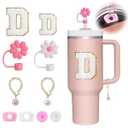 Mity Rain 10pcs Cup Accessories Set for Stanley 30 oz 40 oz Tumbler, Straw Cover Cap, Round and Square Spill Proof Stopper, Letter Cup Charm, Sticker for Decorations, Letter D