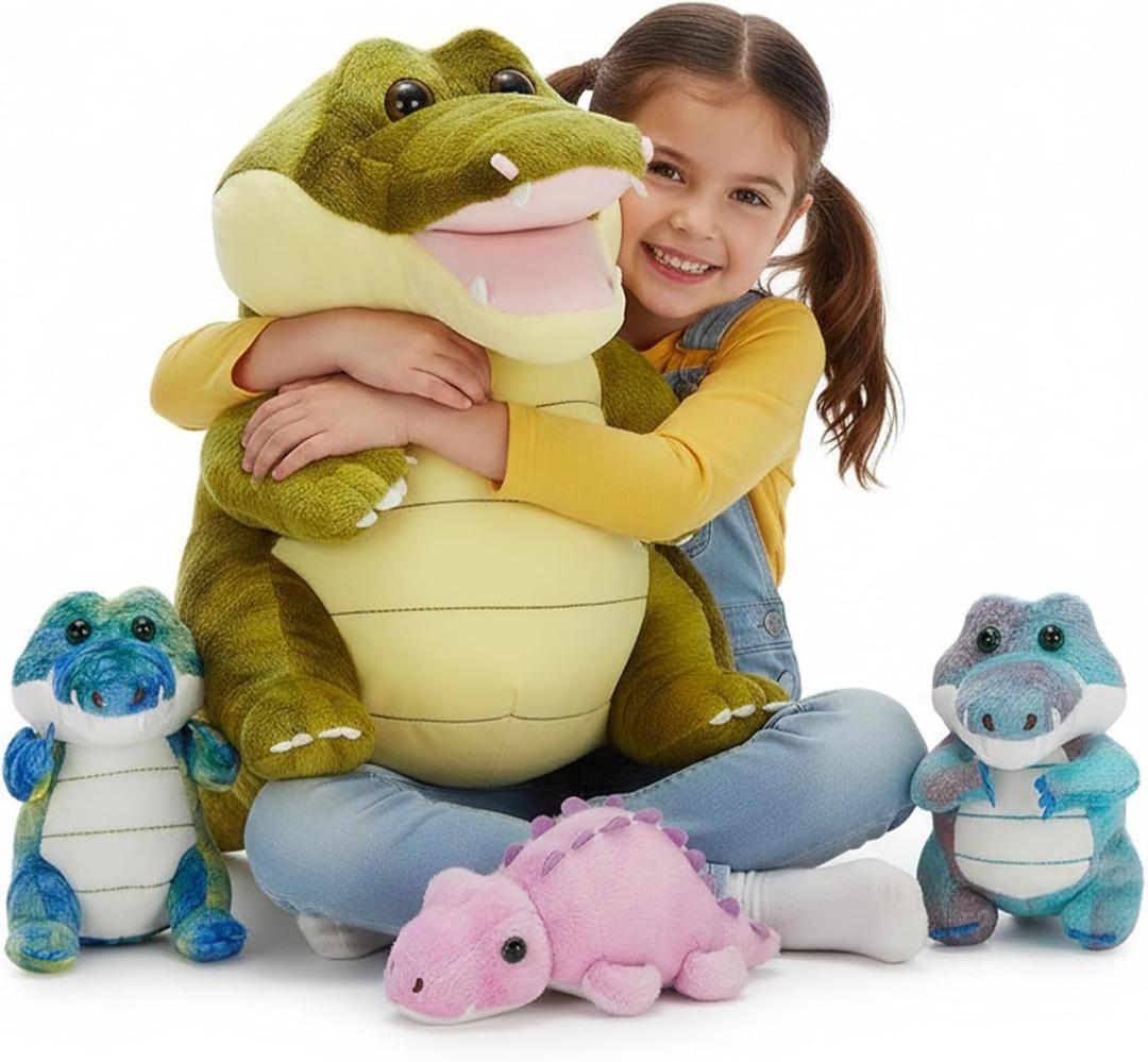 MorisMos Crocodile Stuffed Animal with 3 Baby Inside, 13.7" Stuffed Crocrodile Plush Toy, Mommy Alligator Stuffed Animal with 3 Baby Toys, Stuffed Alligator Plush for Boys & Girls Birthday Gift