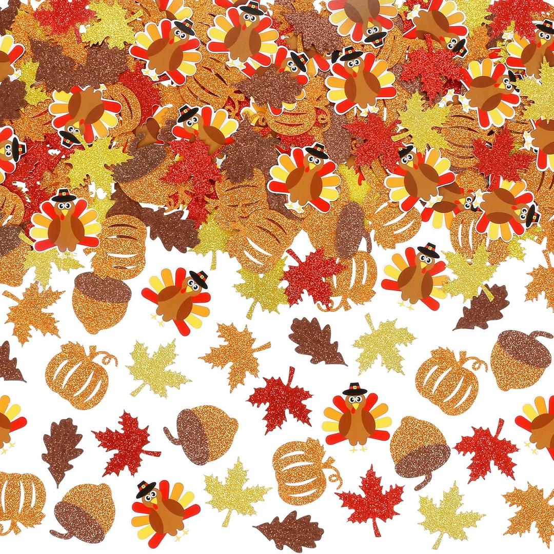LeeSky 200Pcs Thanksgiving Turkey Confetti for Tables, Maple Leaves & Pumpkin Shaped, Brown, Orange, Yellow, Red, Glitter Cardstock Confetti, Perfect for Thanksgiving & Friendsgiving Table Decorations