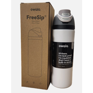 Owala FreeSip Insulated Stainless Steel Water Bottle with Straw, BPA-Free Sports Water Bottle, Great for Travel, 24 Oz, White, Black Lid