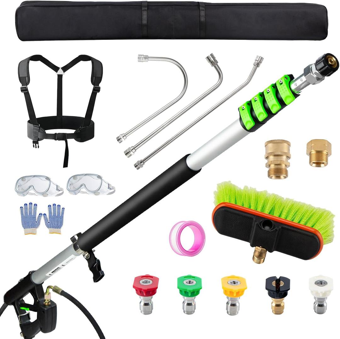 TOR 24 FT Telescoping Pressure Washer Wand with Pressure Washer Extension Wand,Gutter Cleaner Attachment, Pressure Washer Telescoping Wand with 5 Spray Nozzle Tips, 2 Hose Inlet Adapters, Brush Head