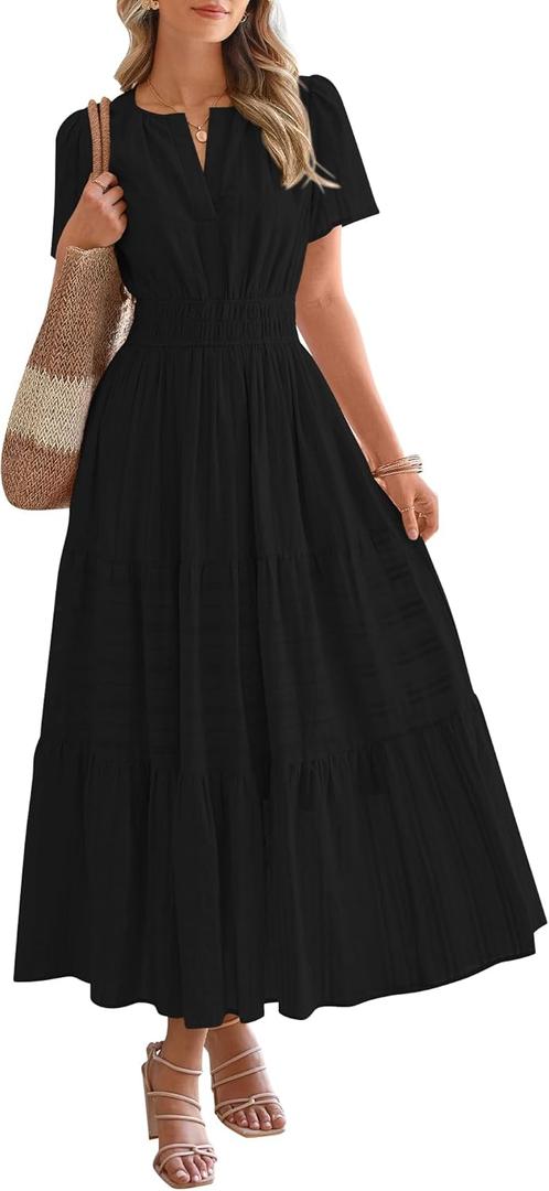 BTFBM Womens Summer 2025 Casual Midi Maxi Dresses Lightweight Short Sleeve V Neck Elastic Waist Boho Beach Dress Pockets (Medium, Black)